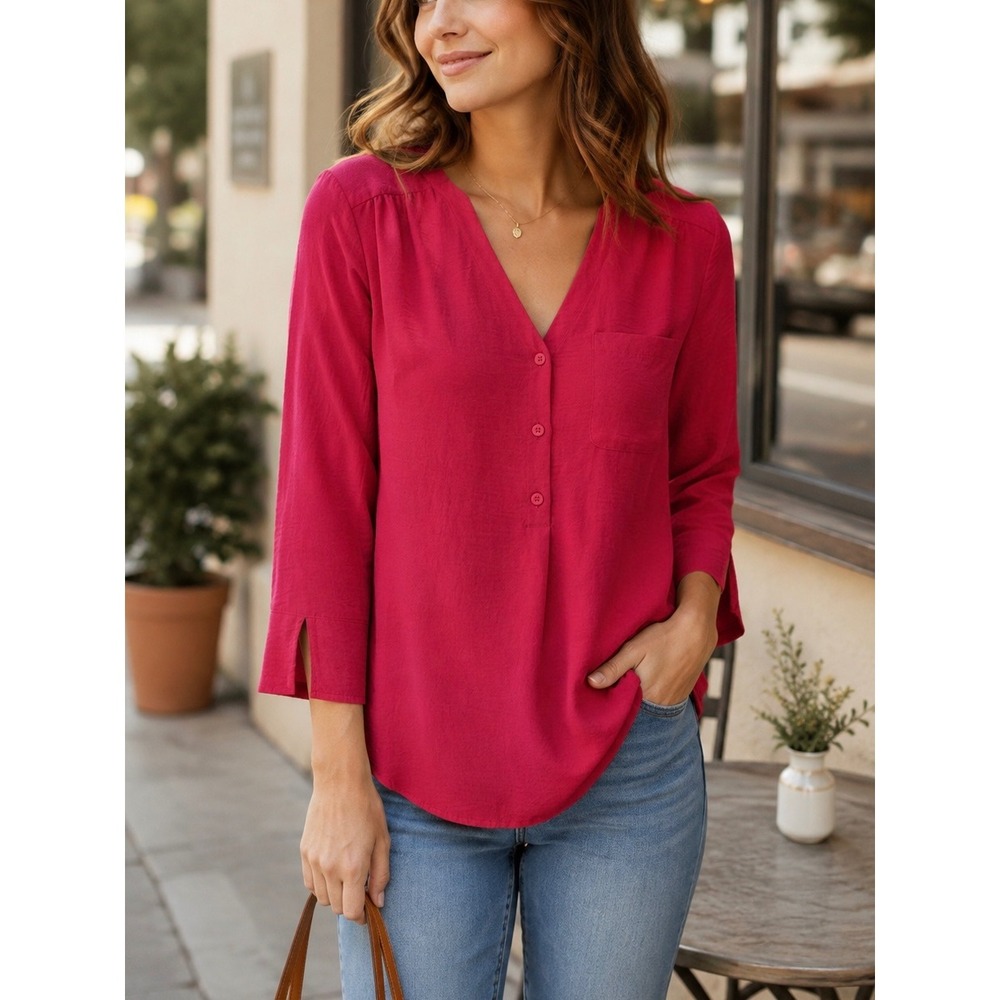 Fred David Women's Red Textured V-Neck Blouse 3/4 Sleeve Pocket High Low Medium